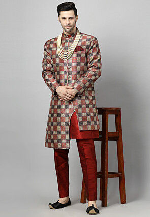 Digital Printed Art Silk Kurta Set in Maroon and Multicolor