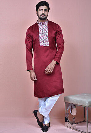 Digital Printed Art Silk Kurta Set in Maroon