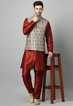 Digital Printed Art Silk Kurta Set in Maroon