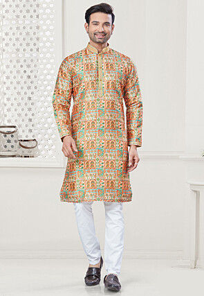 Digital Printed Art Silk Kurta Set in Multicolor
