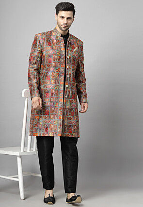 Digital Printed Art Silk Sherwani in Multicolor