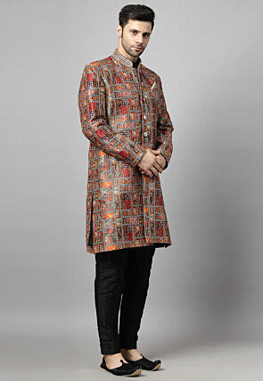 Digital Printed Art Silk Sherwani in Multicolor