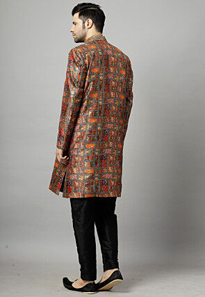 Digital Printed Art Silk Sherwani in Multicolor