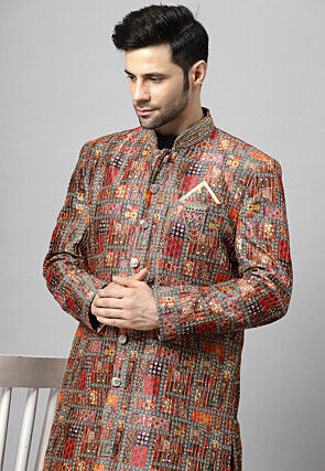 Digital Printed Art Silk Sherwani in Multicolor