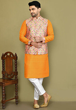 Digital Printed Art Silk Kurta Set in Mustard and Multicolor