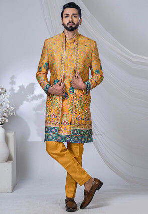 Digital Printed Art Silk Kurta Set in Mustard