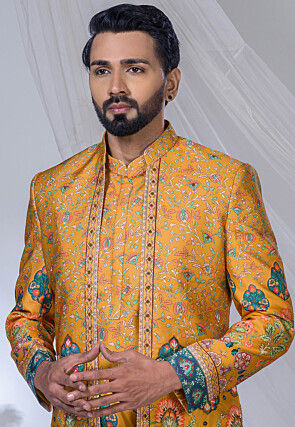 Digital Printed Art Silk Kurta Set in Mustard