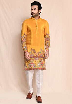 Digital Printed Art Silk Kurta Set in Mustard
