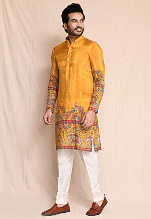 Digital Printed Art Silk Kurta Set in Mustard