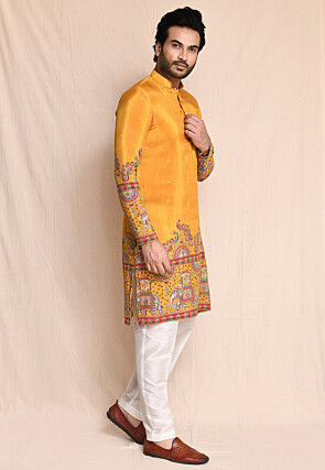 Digital Printed Art Silk Kurta Set in Mustard