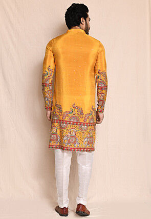 Digital Printed Art Silk Kurta Set in Mustard