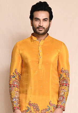 Digital Printed Art Silk Kurta Set in Mustard