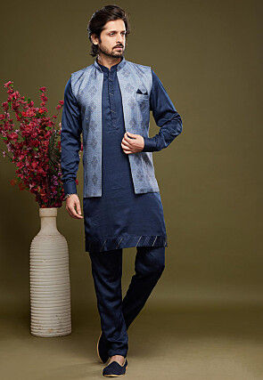 Digital Printed Art Silk Kurta Set in Navy Blue and Light Blue