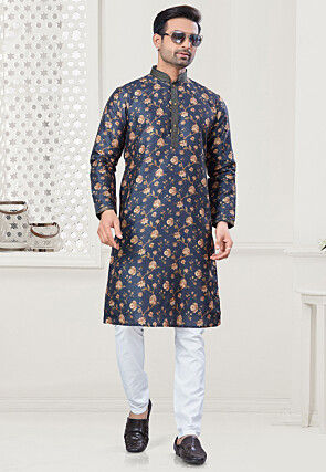 Digital Printed Art Silk Kurta Set in Navy Blue