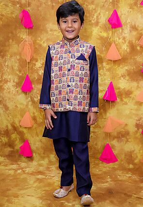Digital Printed Art Silk Kurta Set in Navy Blue