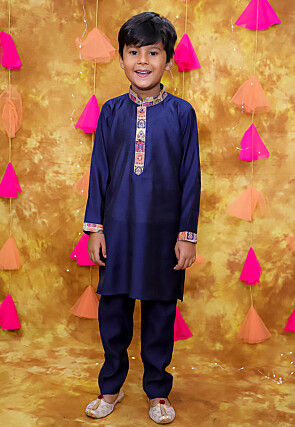 Digital Printed Art Silk Kurta Set in Navy Blue