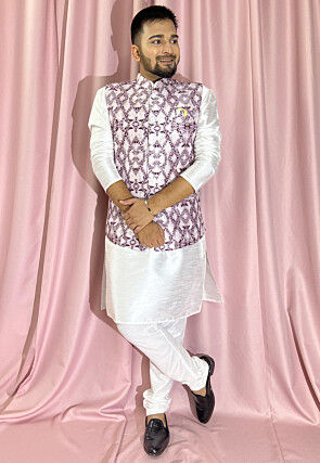 Digital Printed Art Silk Kurta Set in Off White and Light Purple