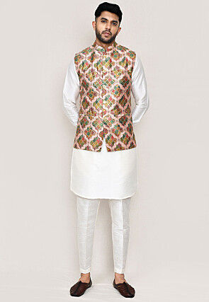 Digital Printed Art Silk Kurta Set in Off White and Multicolor