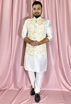 Digital Printed Art Silk Kurta Set in Off White and Multicolor