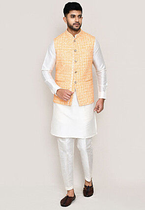 Digital Printed Art Silk Kurta Set in Off White and Orange
