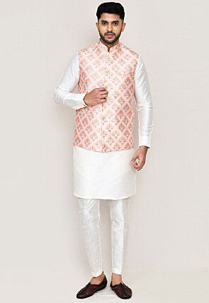 Digital Printed Art Silk Kurta Set in Off White and Peach