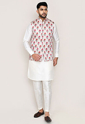 Digital Printed Art Silk Kurta Set in Off White and Peach