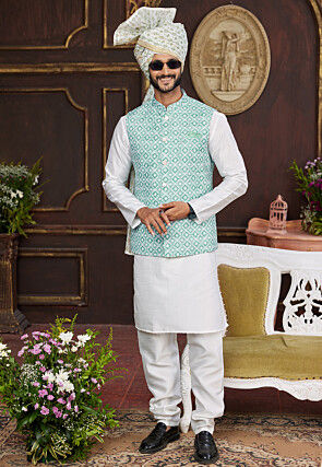 Digital Printed Art Silk Kurta Set in Off White and Sea Green