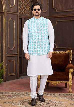 Digital Printed Art Silk Kurta Set in Off White and Sky Blue