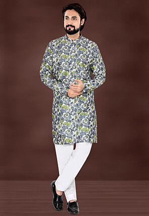 Digital Printed Art Silk Kurta Set in Off White