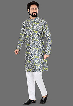 Digital Printed Art Silk Kurta Set in Off White