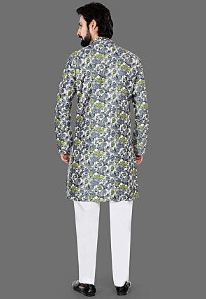 Digital Printed Art Silk Kurta Set in Off White