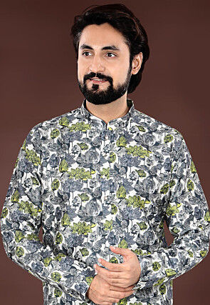 Digital Printed Art Silk Kurta Set in Off White