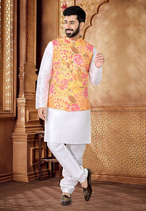 Digital Printed Art Silk Kurta Set in Off White