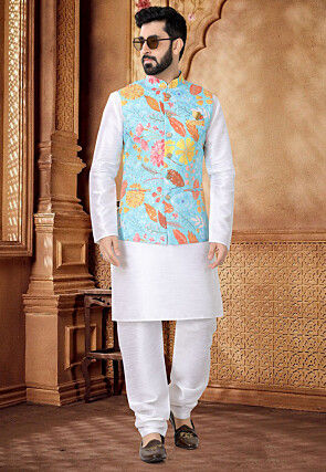 Digital Printed Art Silk Kurta Set in Off White