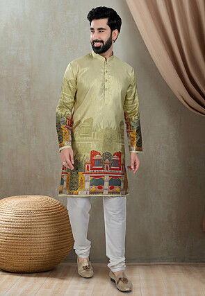 Digital Printed Art Silk Kurta Set in Olive Green