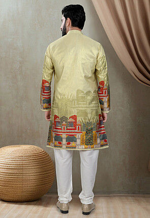 Digital Printed Art Silk Kurta Set in Olive Green