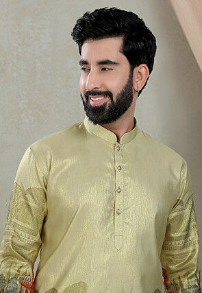 Digital Printed Art Silk Kurta Set in Olive Green