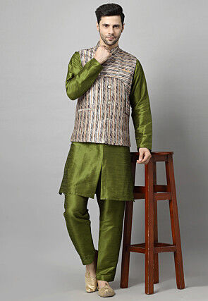 Digital Printed Art Silk Kurta Set in Olive Green