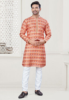 Digital Printed Art Silk Kurta Set in Orange