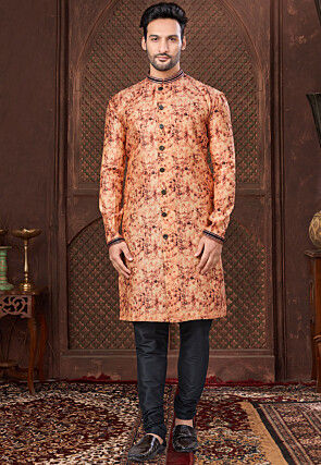 Digital Printed Art Silk Kurta Set in Orange