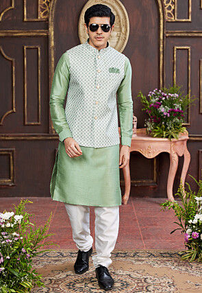 Digital Printed Art Silk Kurta Set in Pastel Green