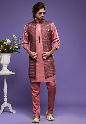 Digital Printed Art Silk Kurta Set in Peach and Maroon