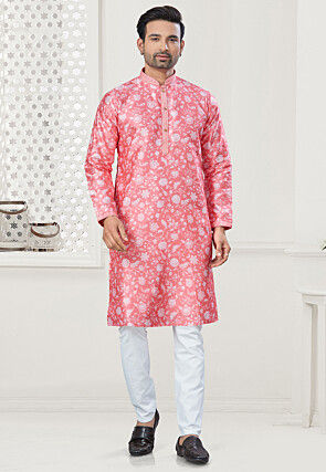 Digital Printed Art Silk Kurta Set in Peach