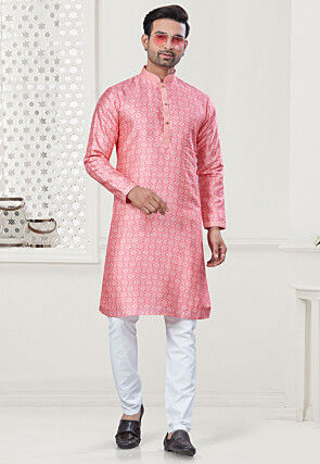 Digital Printed Art Silk Kurta Set in Pink