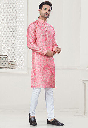 Digital Printed Art Silk Kurta Set in Pink