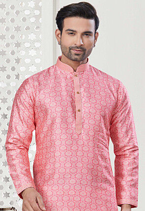 Digital Printed Art Silk Kurta Set in Pink