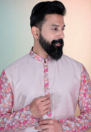 Digital Printed Art Silk Kurta Set in Pink