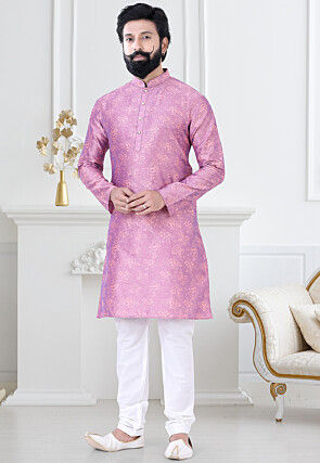 Digital Printed Art Silk Kurta Set in Pink