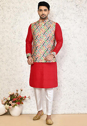 Digital Printed Art Silk Kurta Set in Red and Multicolor