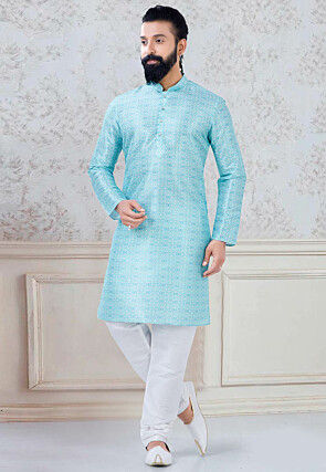 Digital Printed Art Silk Kurta Set in Sky Blue